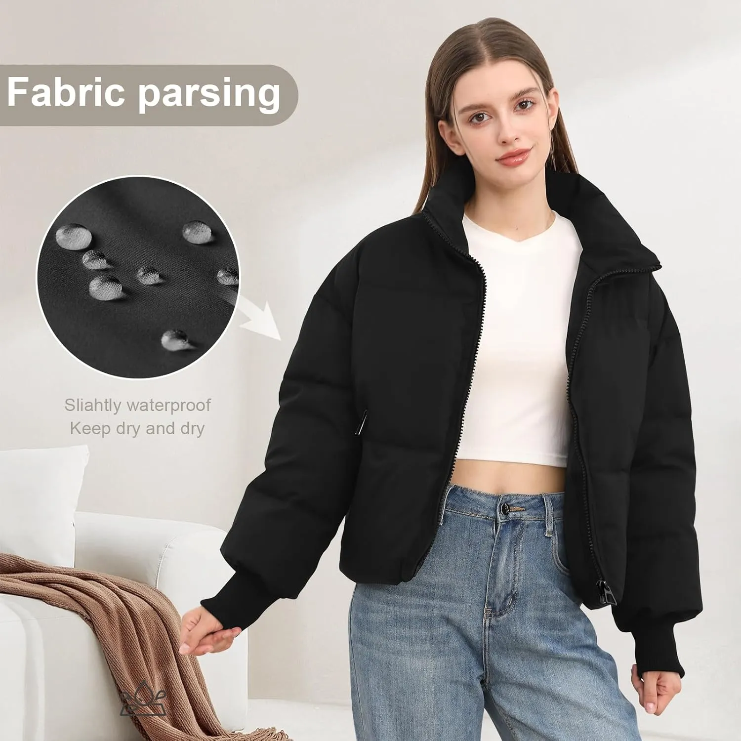 Womens Winter Cropped Puffer Jacket Coat Casual Quilted Baggy Long Sleeve Zip Down Jackets Outerwear