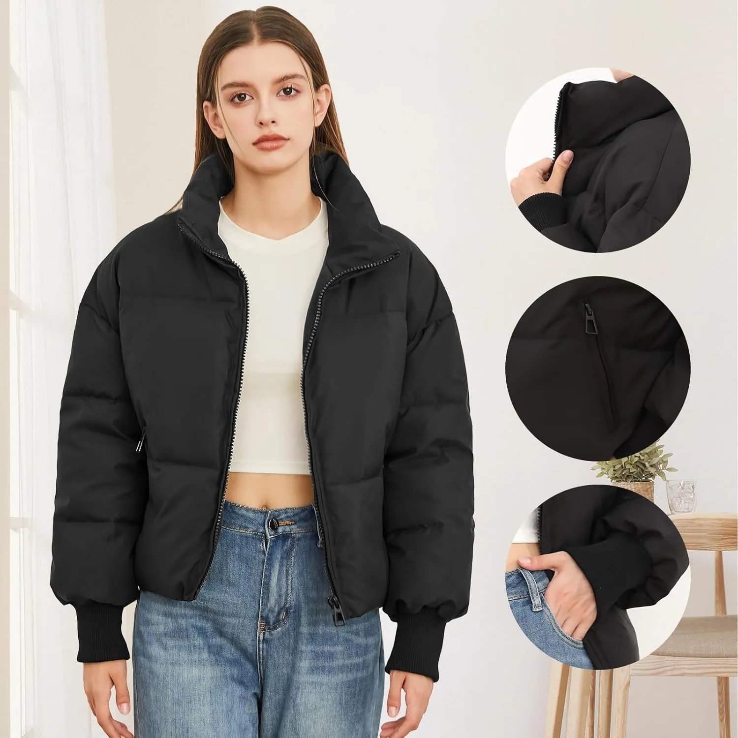 Womens Winter Cropped Puffer Jacket Coat Casual Quilted Baggy Long Sleeve Zip Down Jackets Outerwear