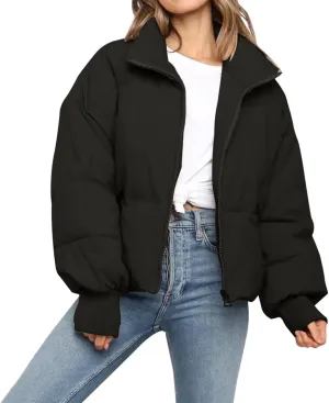 Womens Winter Cropped Puffer Jacket Coat Casual Quilted Baggy Long Sleeve Zip Down Jackets Outerwear