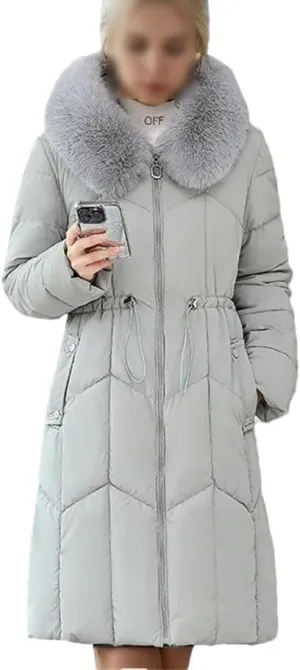 Women's Winter Padded Mid-Length Puffer Jackets Hooded Large Fur Collar Thick Waist-Cinching Down Cotton Coat
