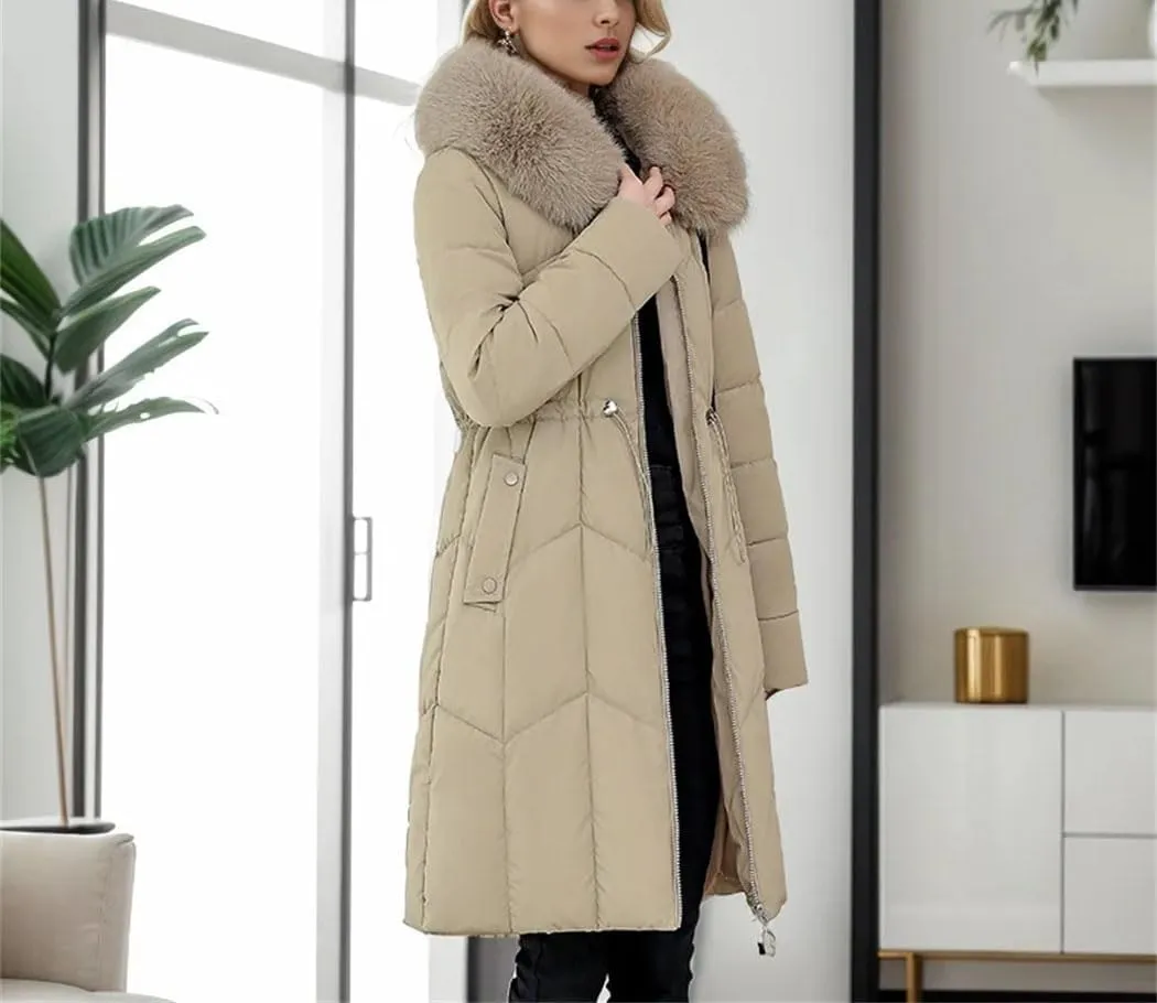 Women's Winter Padded Mid-Length Puffer Jackets Hooded Large Fur Collar Thick Waist-Cinching Down Cotton Coat