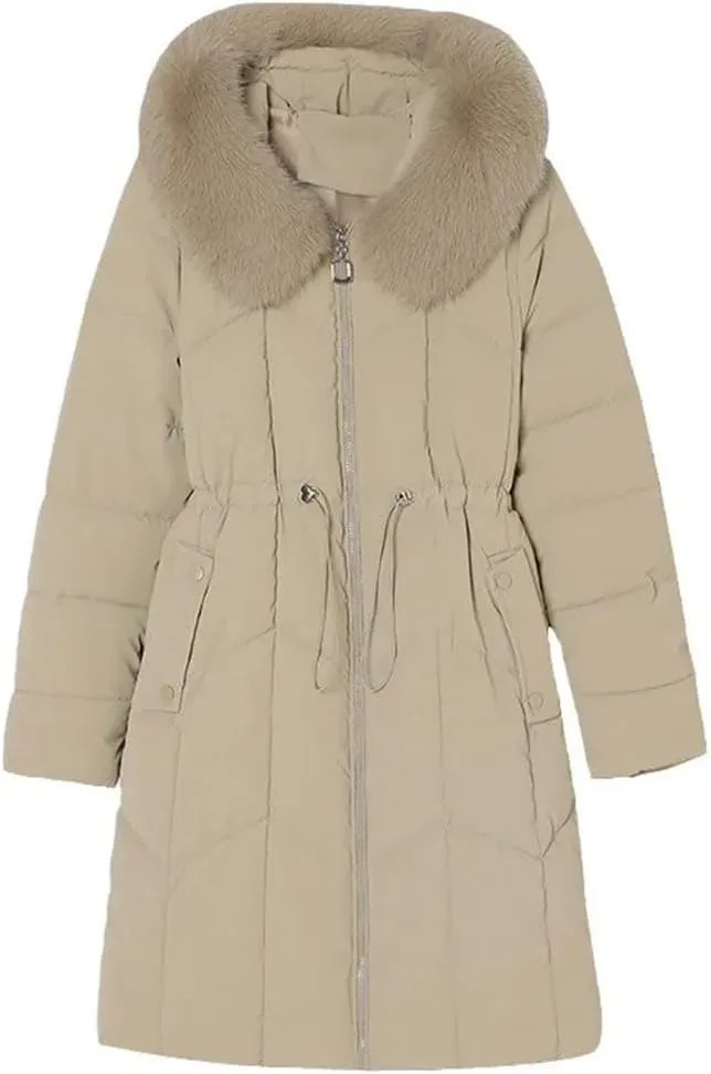 Women's Winter Padded Mid-Length Puffer Jackets Hooded Large Fur Collar Thick Waist-Cinching Down Cotton Coat