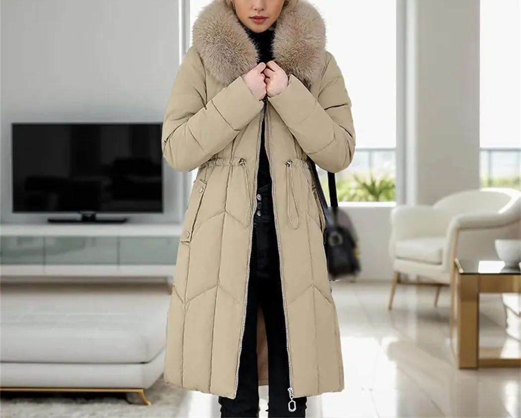 Women's Winter Padded Mid-Length Puffer Jackets Hooded Large Fur Collar Thick Waist-Cinching Down Cotton Coat