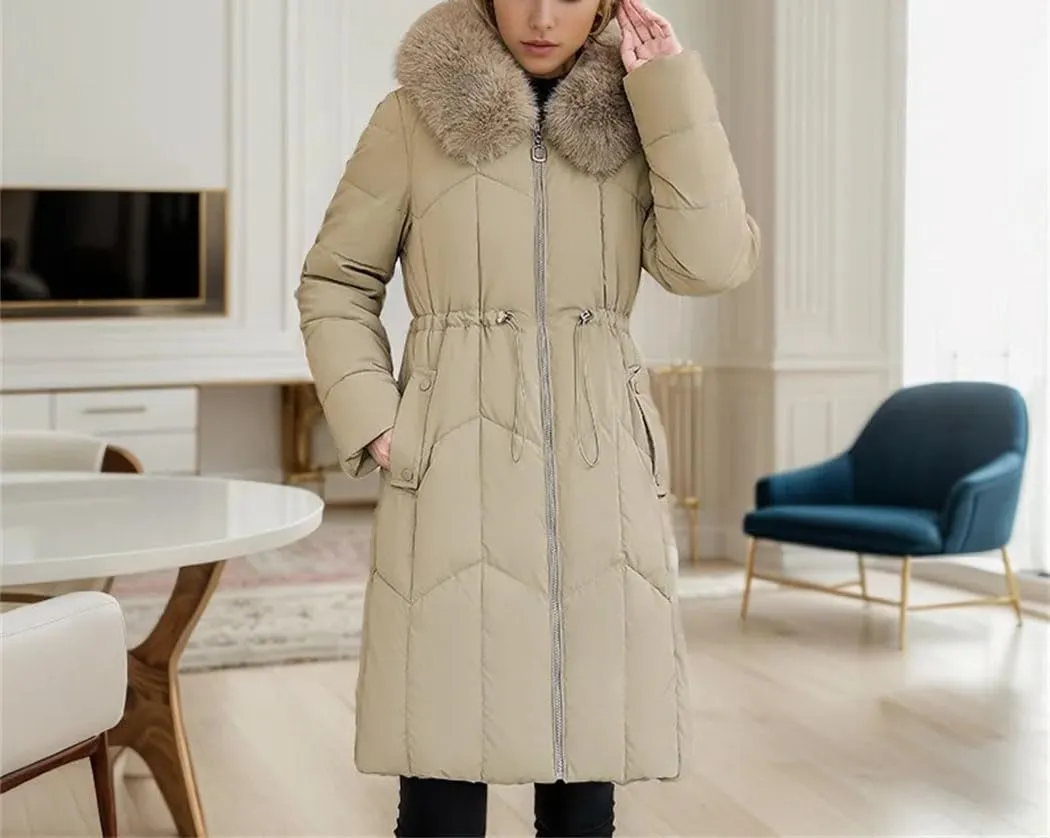 Women's Winter Padded Mid-Length Puffer Jackets Hooded Large Fur Collar Thick Waist-Cinching Down Cotton Coat