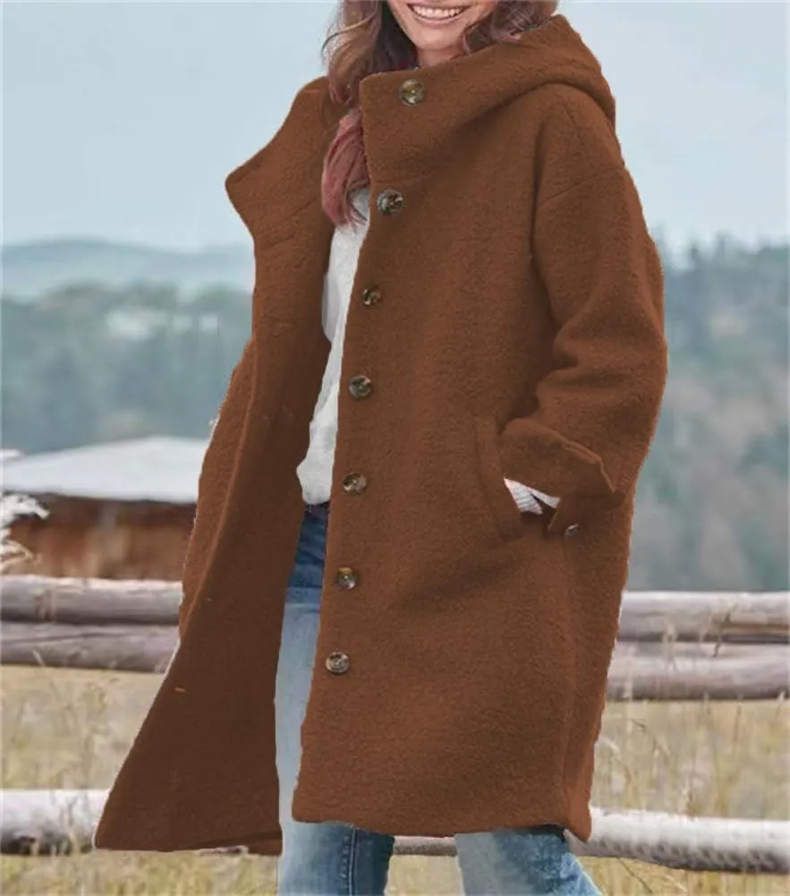 Womens Winter Wool Pea Coat Single Breasted Long Trench Coats with Hooded Outerwear Jackets