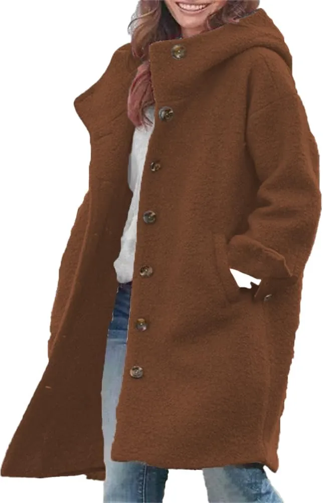 Womens Winter Wool Pea Coat Single Breasted Long Trench Coats with Hooded Outerwear Jackets