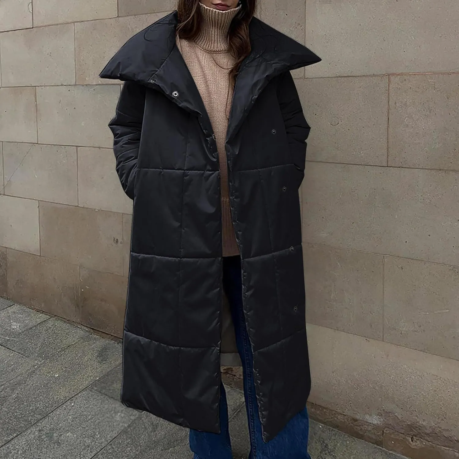 YRAETENM Trench Coat Women Winter Long Quilted Puffer Coat Windproof Thick down Jackets Oversized Parka Outerwear with Belt