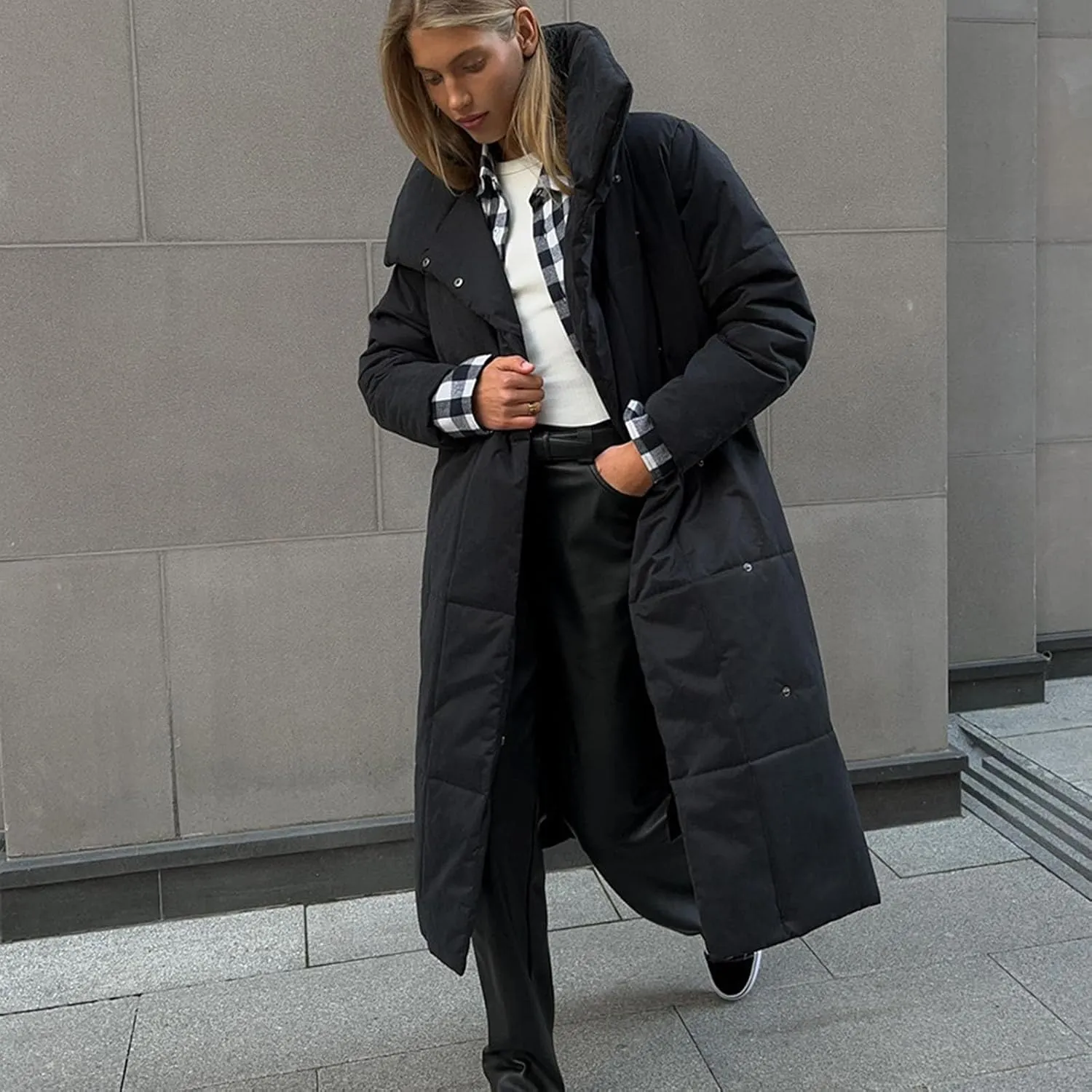YRAETENM Trench Coat Women Winter Long Quilted Puffer Coat Windproof Thick down Jackets Oversized Parka Outerwear with Belt
