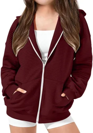 ZDRZK Girls Oversized Sweatshirt Long Sleeve Full Zip Casual Hooded Sweatshirts Fashion Teen Girl Y2K Jacket with Pockets