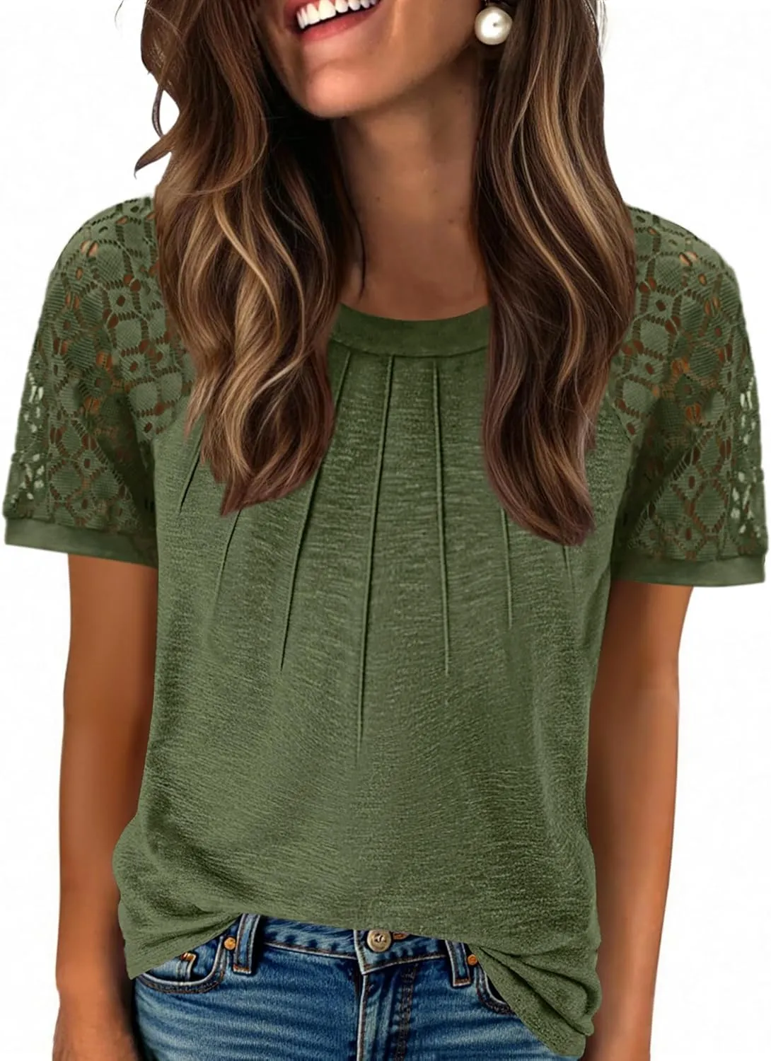 Zeagoo Womens Lace Short Sleeve Shirts Summer Tops Dressy Casual Tshirts Fashion Blouses Trendy Vacation Pleated Tees