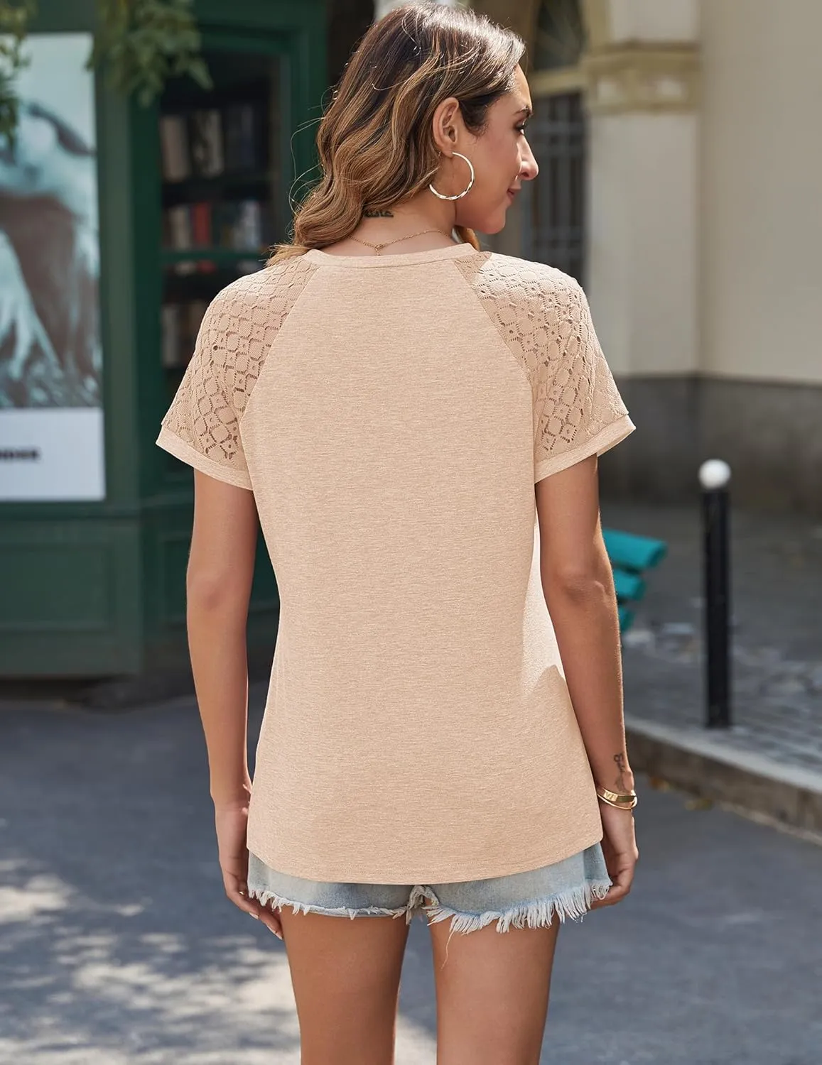 Zeagoo Womens Lace Short Sleeve Shirts Summer Tops Dressy Casual Tshirts Fashion Blouses Trendy Vacation Pleated Tees