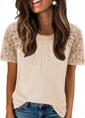 Zeagoo Womens Lace Short Sleeve Shirts Summer Tops Dressy Casual Tshirts Fashion Blouses Trendy Vacation Pleated Tees