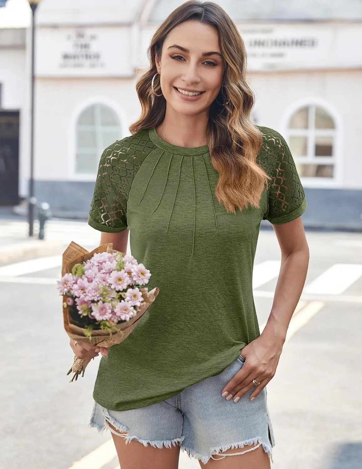 Zeagoo Womens Lace Short Sleeve Shirts Summer Tops Dressy Casual Tshirts Fashion Blouses Trendy Vacation Pleated Tees
