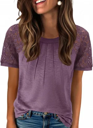Zeagoo Womens Lace Short Sleeve Shirts Summer Tops Dressy Casual Tshirts Fashion Blouses Trendy Vacation Pleated Tees