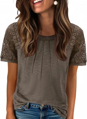 Zeagoo Womens Lace Short Sleeve Shirts Summer Tops Dressy Casual Tshirts Fashion Blouses Trendy Vacation Pleated Tees