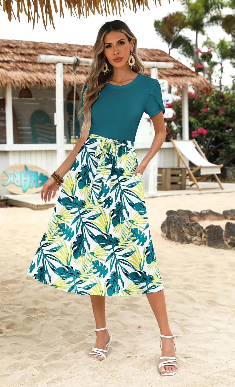 Zeagoo Womens Midi Dress Summer Short Sleeve Dress with Pockets 2025 Casual Floral T-Shirt Dress Flowy Beach Sundress