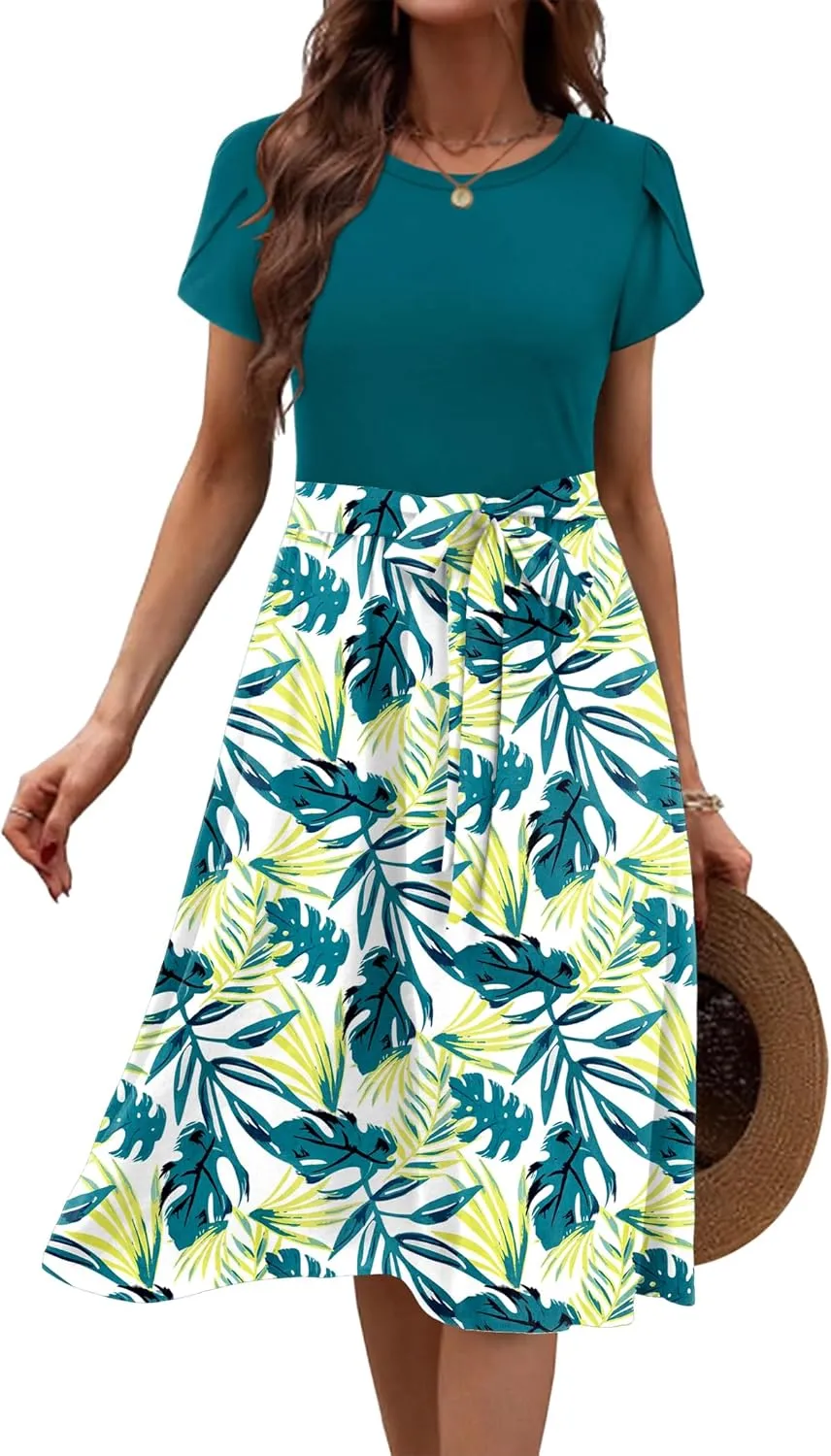 Zeagoo Womens Midi Dress Summer Short Sleeve Dress with Pockets 2025 Casual Floral T-Shirt Dress Flowy Beach Sundress