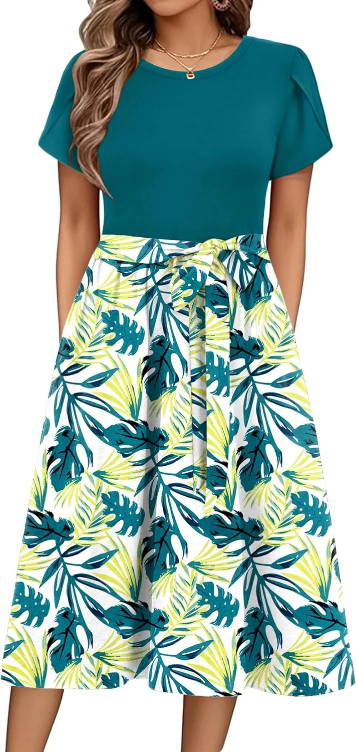 Zeagoo Womens Midi Dress Summer Short Sleeve Dress with Pockets 2025 Casual Floral T-Shirt Dress Flowy Beach Sundress