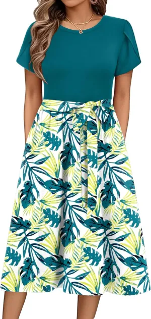 Zeagoo Womens Midi Dress Summer Short Sleeve Dress with Pockets 2025 Casual Floral T-Shirt Dress Flowy Beach Sundress