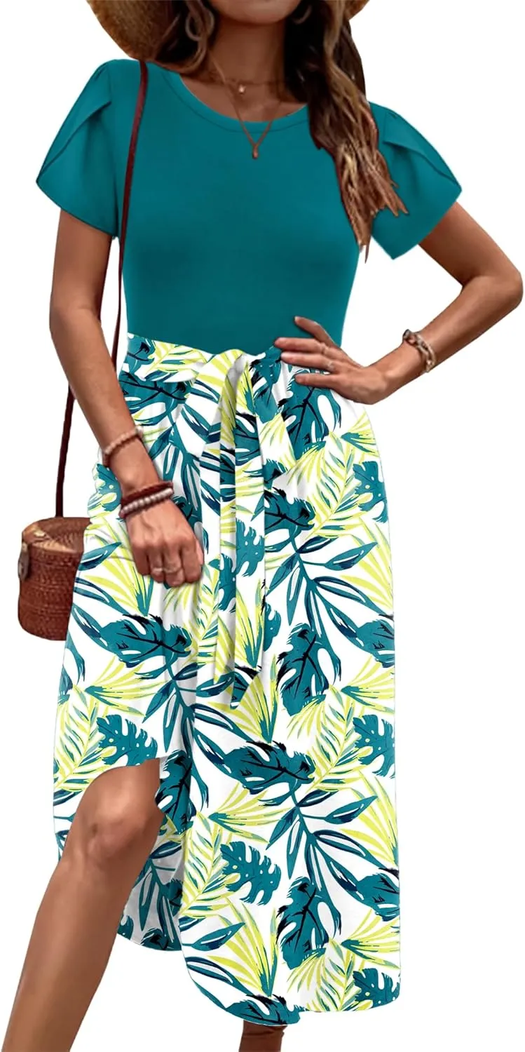 Zeagoo Womens Midi Dress Summer Short Sleeve Dress with Pockets 2025 Casual Floral T-Shirt Dress Flowy Beach Sundress