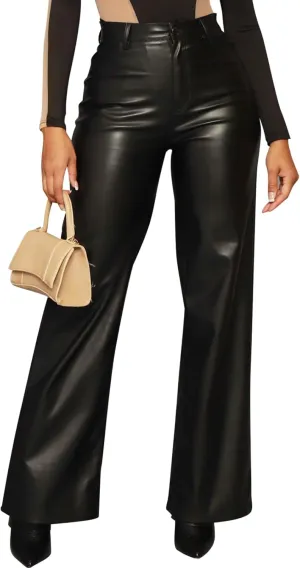 Zebaexf Women's High Waist Faux Leather Pants Straight Leg Jeans Leather Look Pants