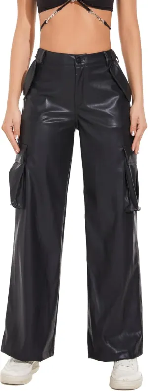 Zebaexf Women's High Waist Faux Leather Pants Straight Leg Jeans Leather Look Pants