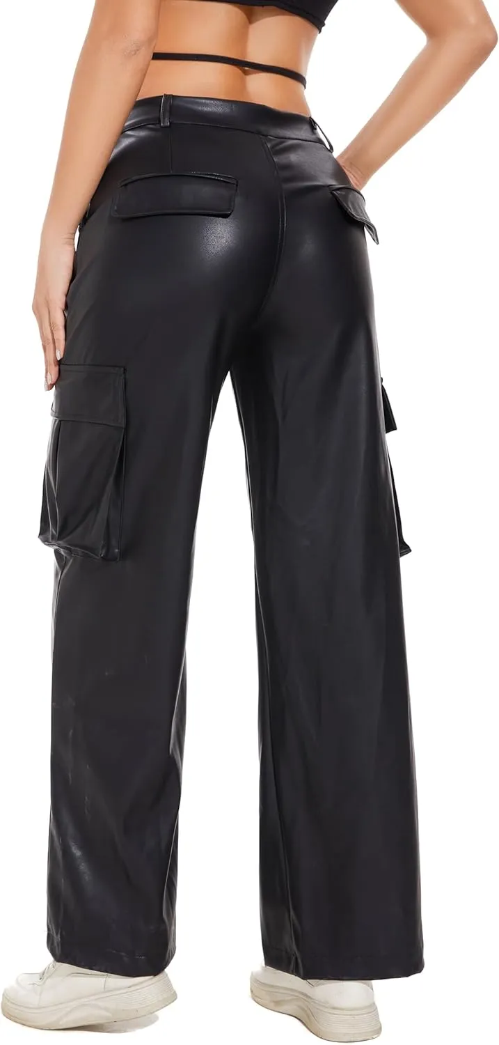 Zebaexf Women's High Waist Faux Leather Pants Straight Leg Jeans Leather Look Pants