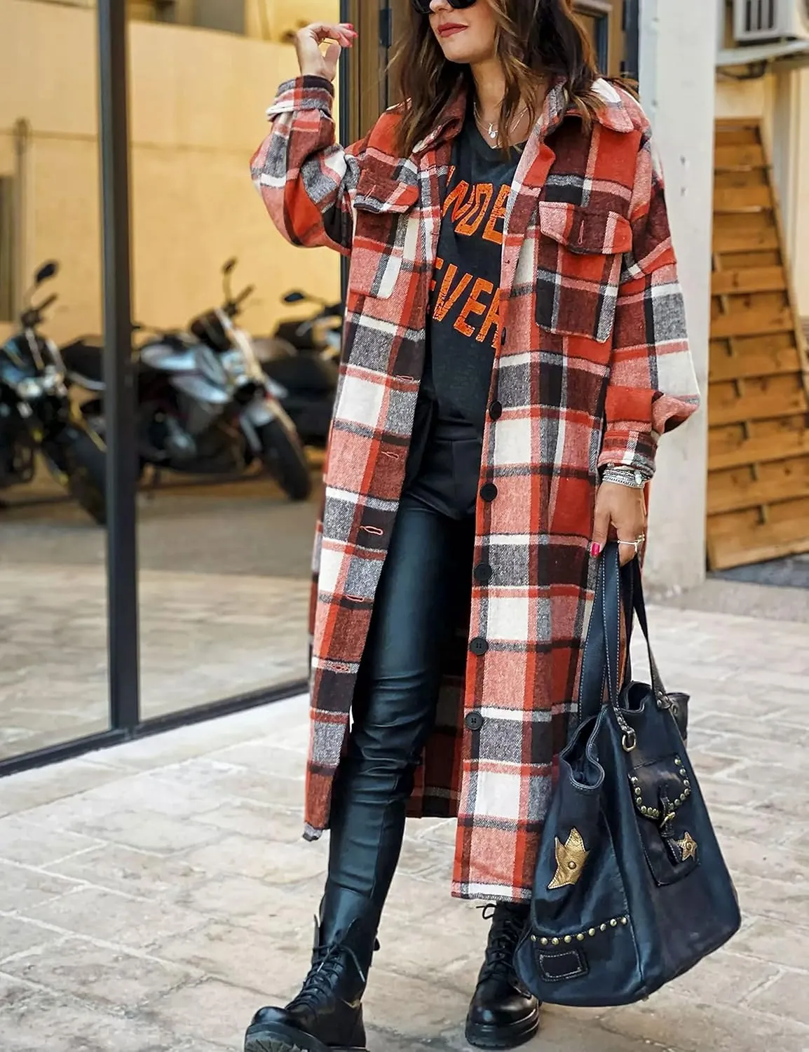 Zontroldy Casual Long Plaid Shirts Shacket Jacket Button Down Long Sleeve Shirts Trench Coats for Women