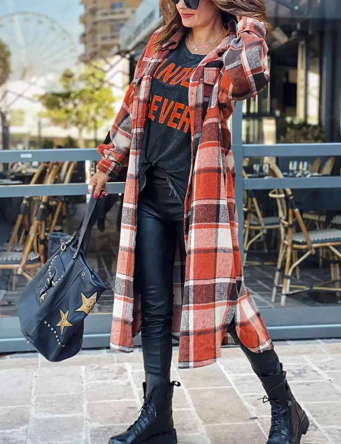 Zontroldy Casual Long Plaid Shirts Shacket Jacket Button Down Long Sleeve Shirts Trench Coats for Women