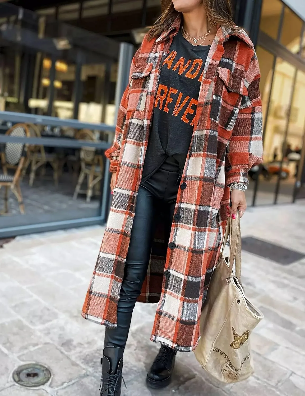 Zontroldy Casual Long Plaid Shirts Shacket Jacket Button Down Long Sleeve Shirts Trench Coats for Women
