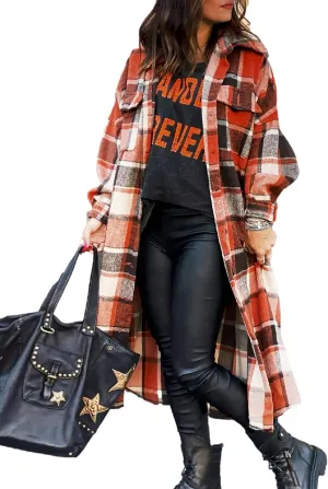 Zontroldy Casual Long Plaid Shirts Shacket Jacket Button Down Long Sleeve Shirts Trench Coats for Women