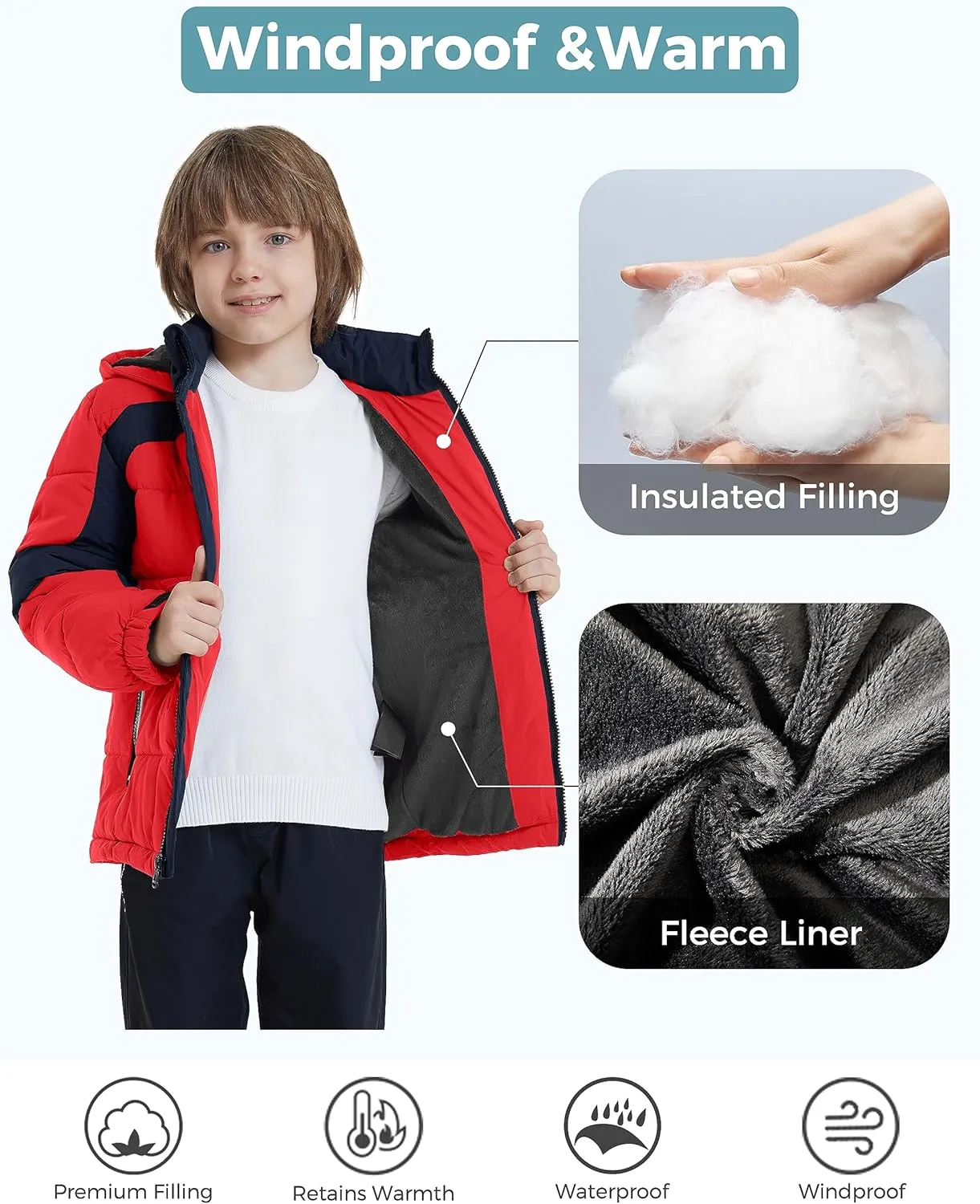 ZSHOW Boys' Hooded Puffer Jacket Waterproof Warm Winter Coat Soft Fleece Lined Outerwear Jacket